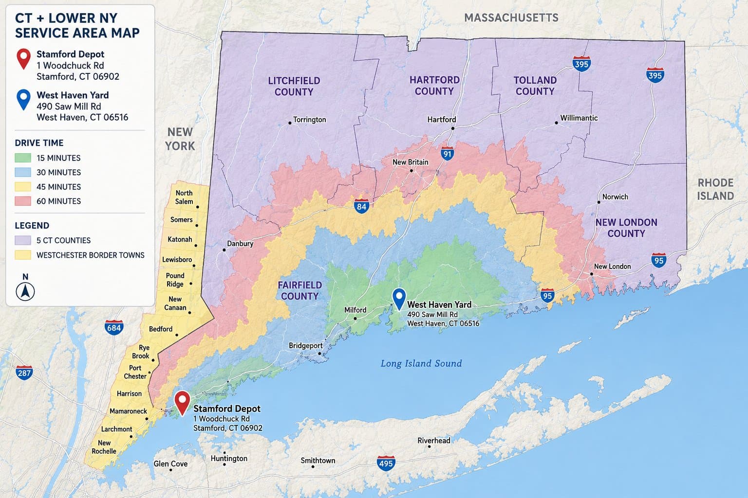 Grizzly Junk Pros service area across Fairfield, New Haven, Hartford, Litchfield, Middlesex counties + Westchester County NY